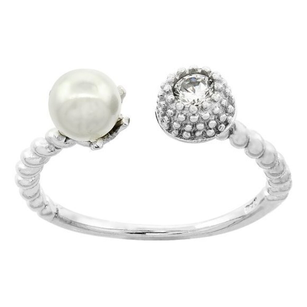Sterling Silver Synthetic Pearl CZ Engagement Ring